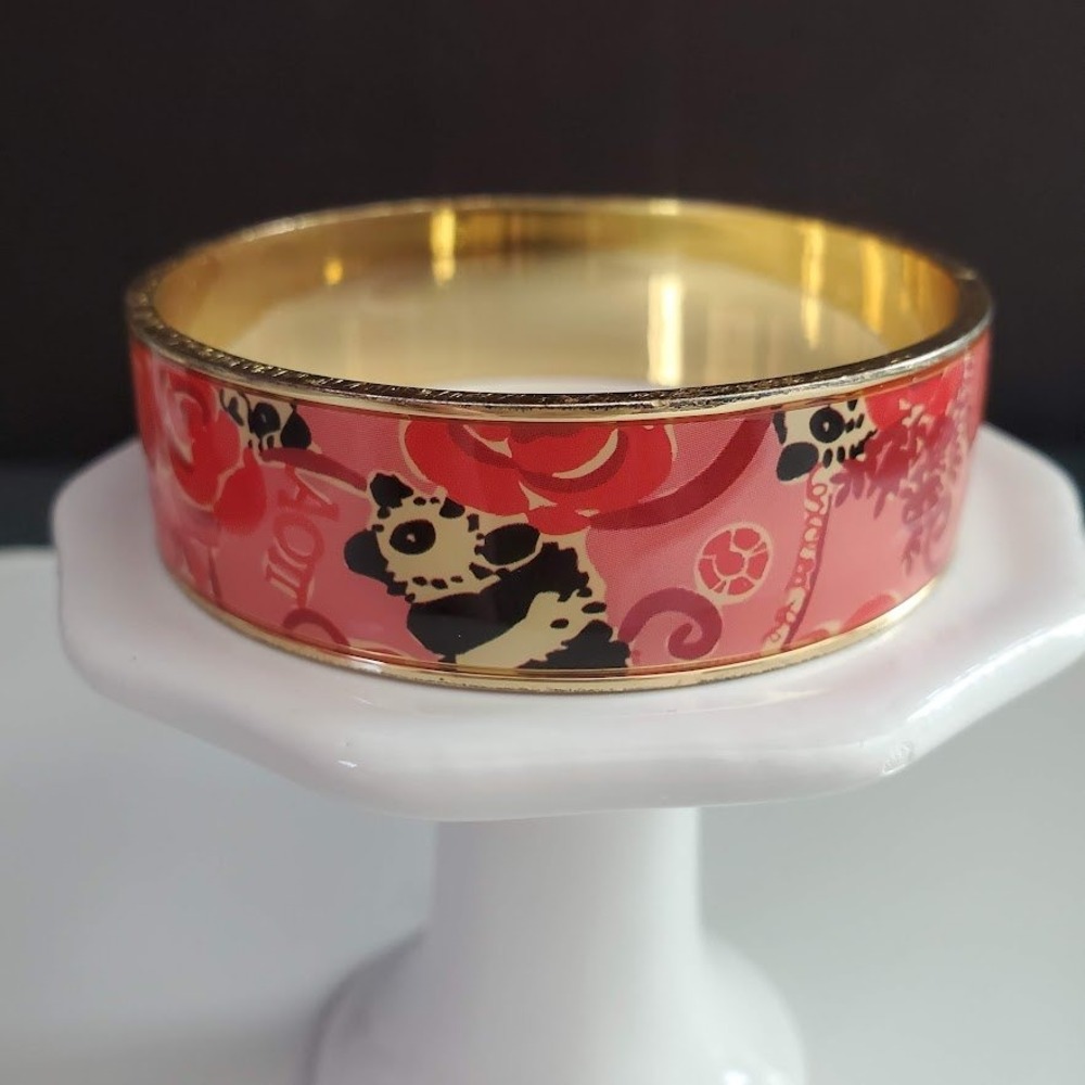 Lilly Pulitzer Pink Floral Panda Enamel Gold Tone Bangle Bracelet